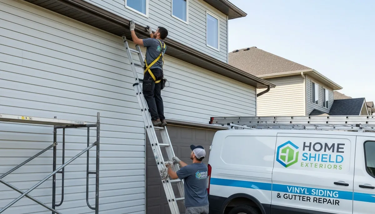 Technician performing gutter repair on Charlotte NC home with vinyl siding exterior