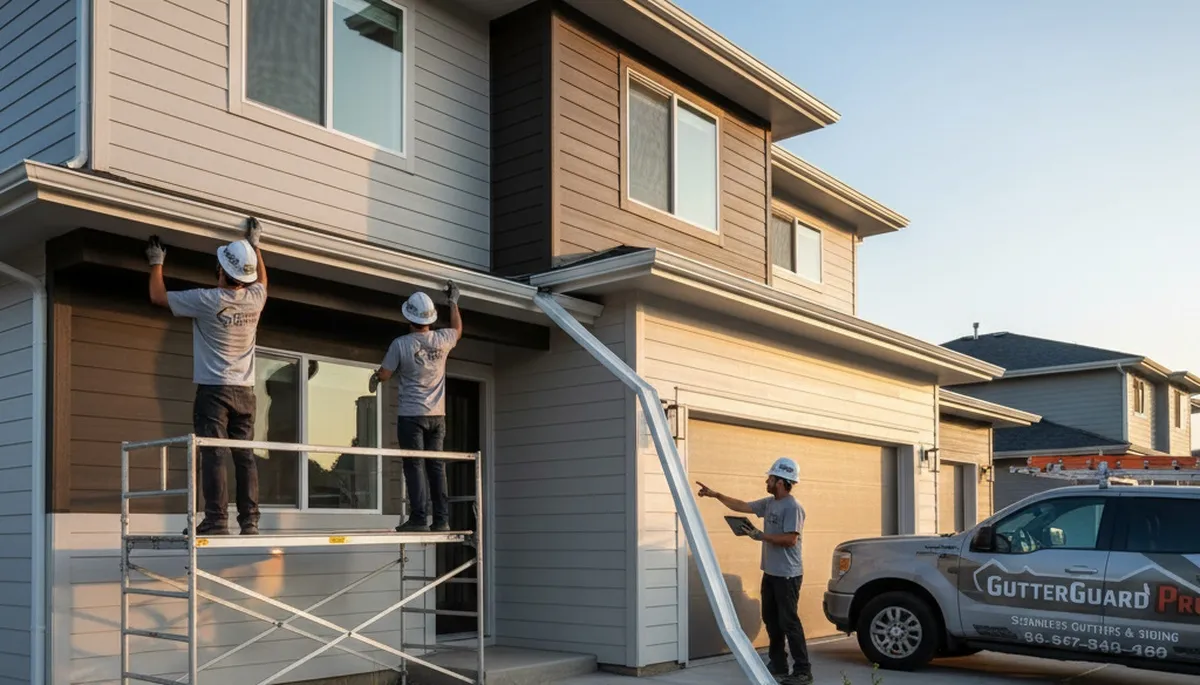 Technicians installing seamless gutters on a home exterior in Charlotte, NC