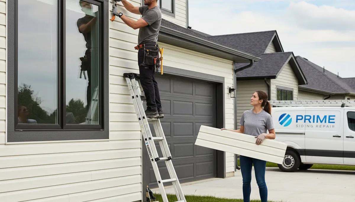 Technician repairing damaged vinyl siding on Charlotte NC home exterior by Next Level Exteriors