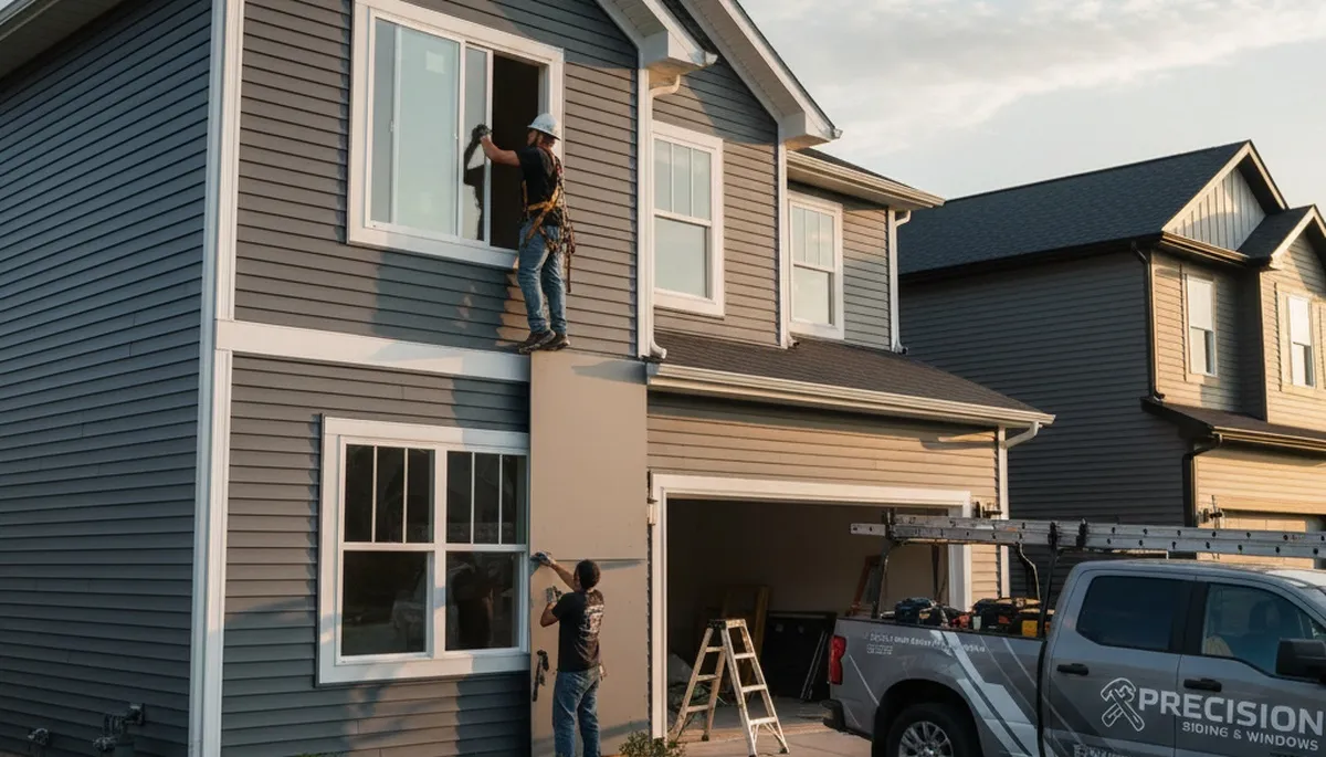 Vinyl siding and window repair experts working on a Charlotte, NC home exterior upgrade
